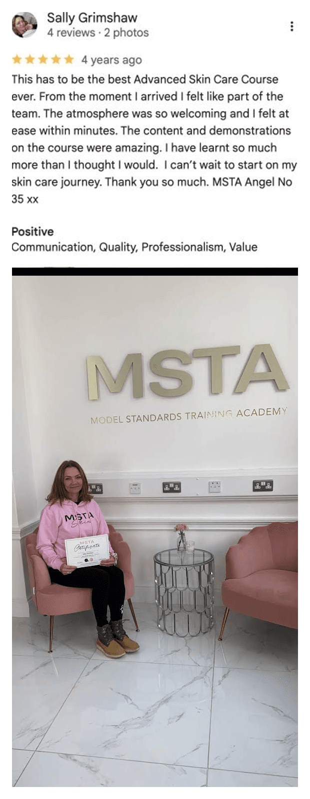 Five-star Google review for MSTA from Sally Grimshaw