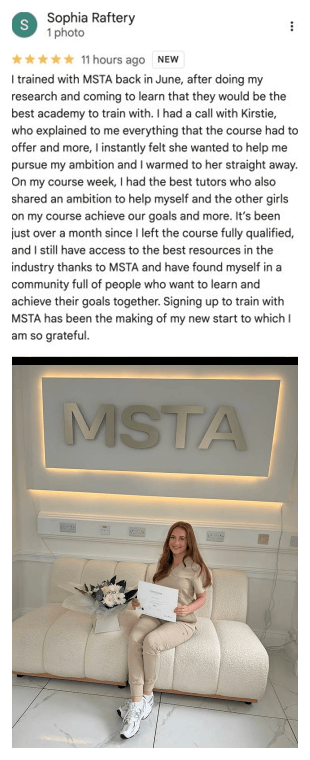 Five-star Google review for MSTA from Sophia Raftery