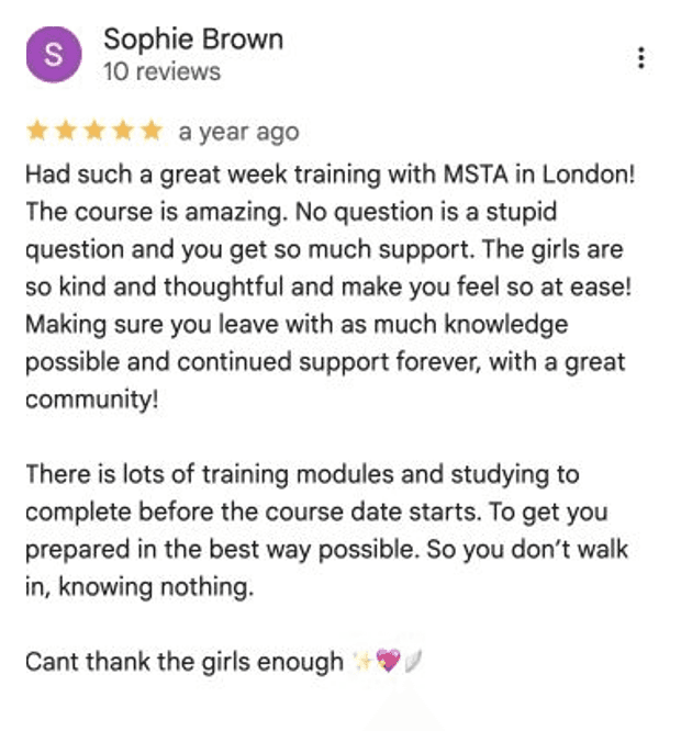 Five-star Google review for MSTA from Sophie Brown