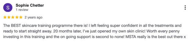 Five-star Google review for MSTA from Sophie Chetter