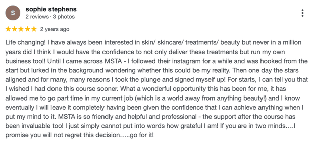 Five-star Google review for MSTA from Sophie Stephens