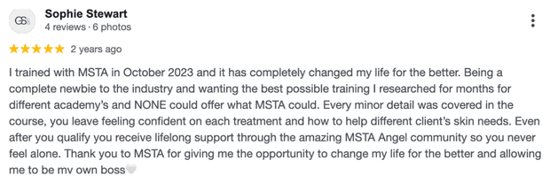 Five-star Google review for MSTA from Sophie Stewart