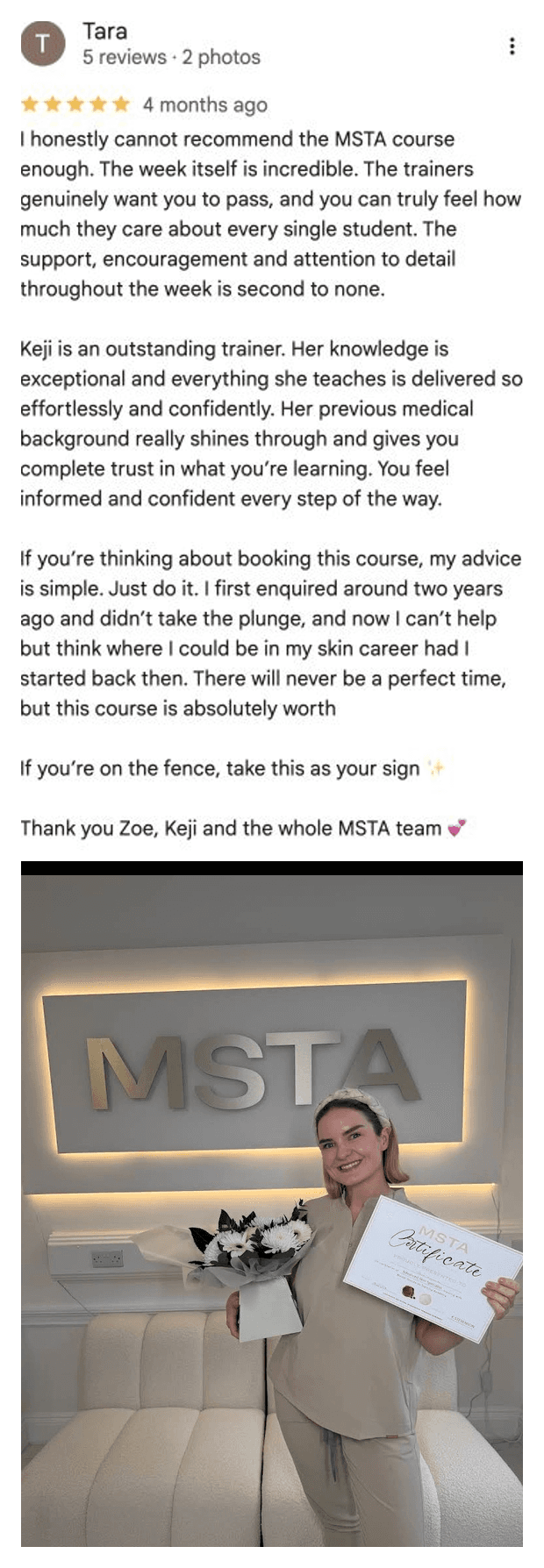 Five-star Google review for MSTA from Tara