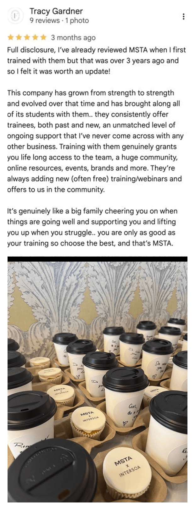Five-star Google review for MSTA from Tracy Gardner